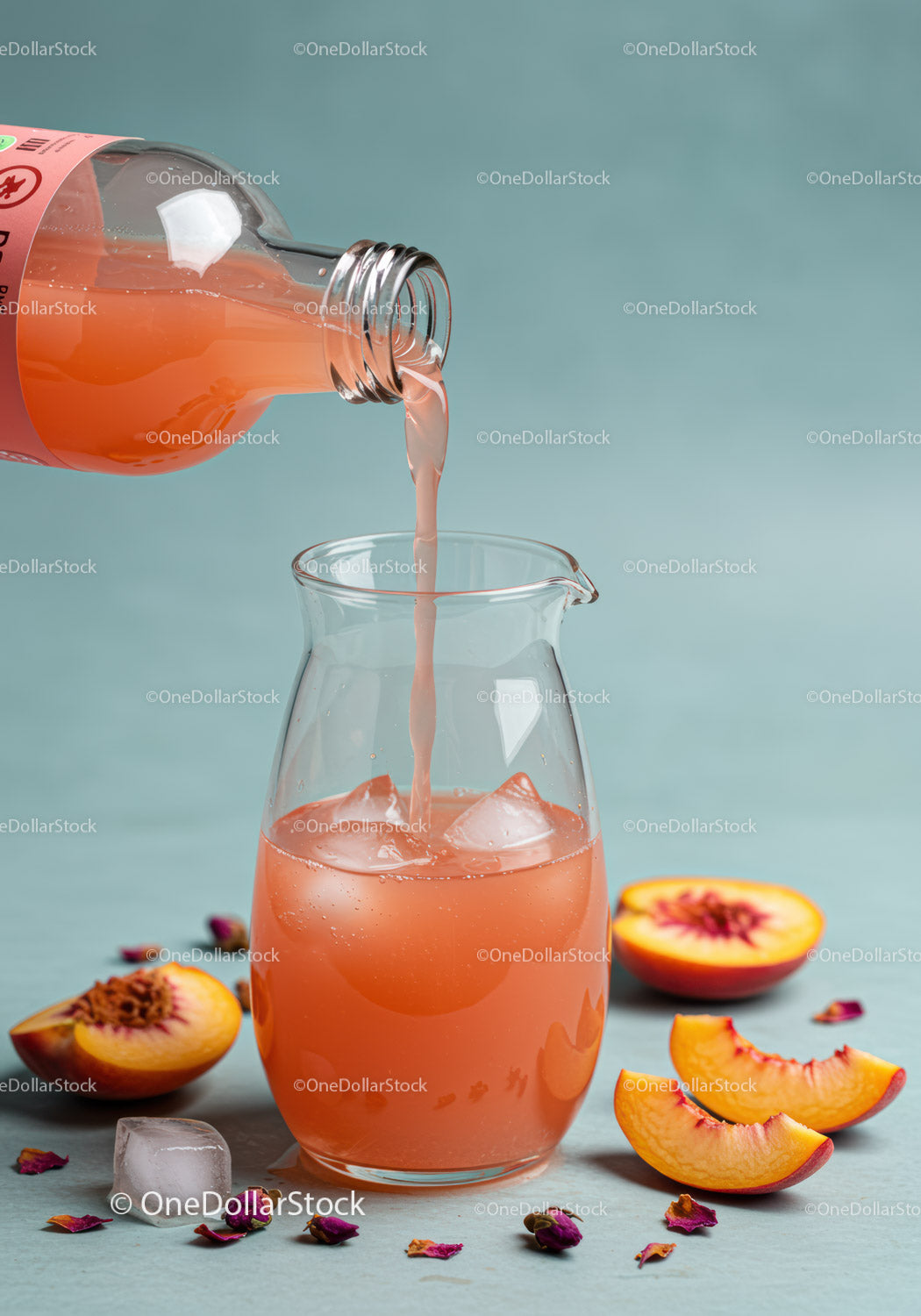 Refreshing Peach Juice Poured into Glass with Ice