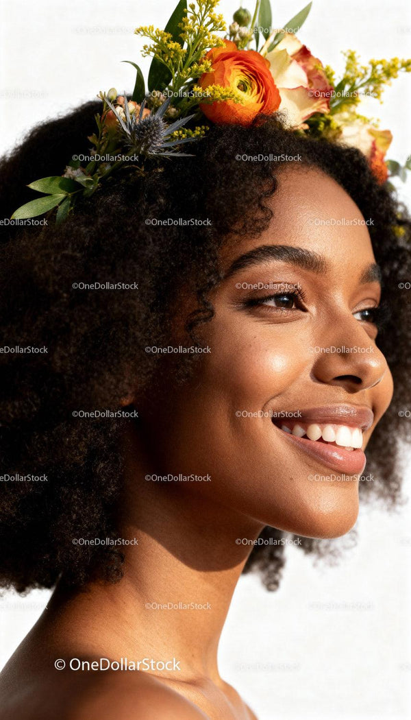 Uśmiechnięta kobieta z naturalnym afro i kwiatową koroną