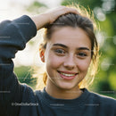 Joyful Young Woman with Bright Smile Under Sunlight Outdoors