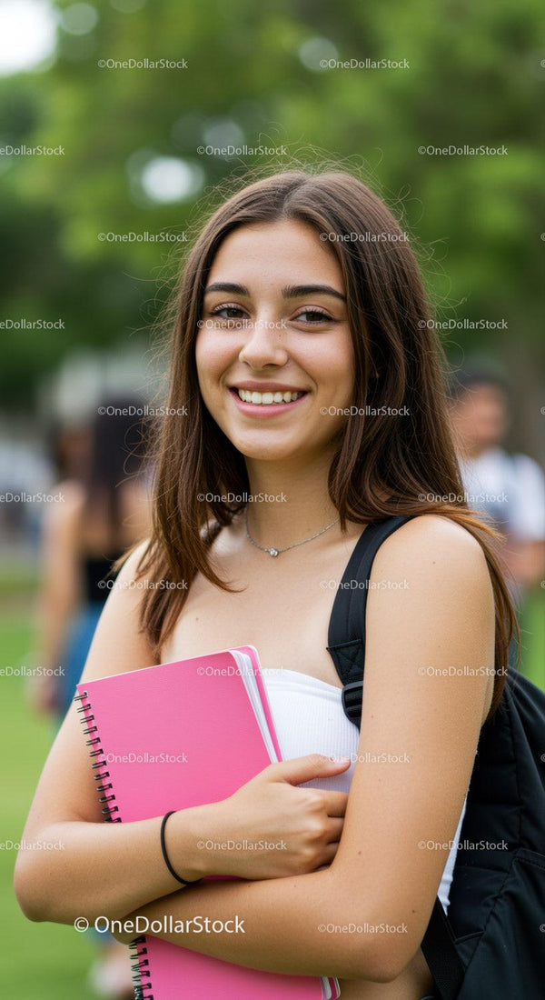 Young Smiling Female Student Holding Notebook in Outdoor Campus