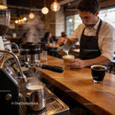 Barista crafting latte art in warm cozy coffee shop