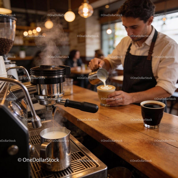 Barista crafting latte art in warm cozy coffee shop
