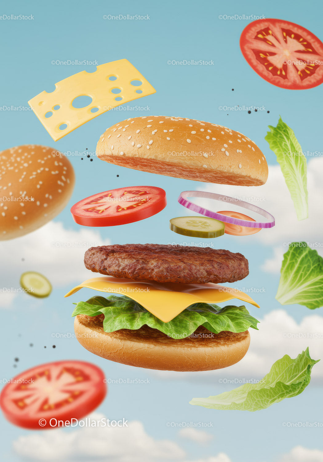 Pływające składniki klasycznego cheeseburgera na tle błękitnego nieba