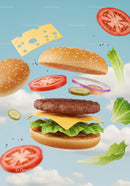 Floating Classic Cheeseburger Ingredients Against Blue Sky