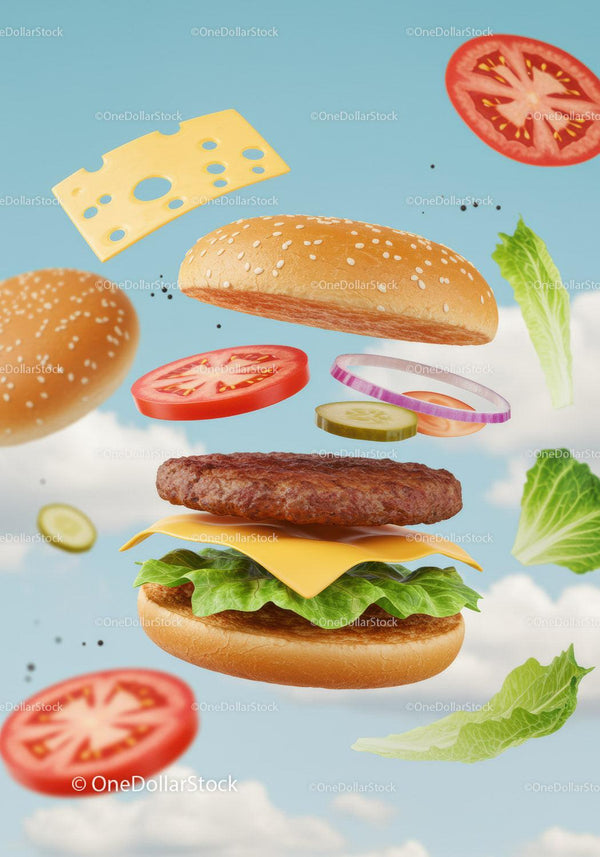 Floating Classic Cheeseburger Ingredients Against Blue Sky