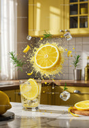 Refreshing lemon soda with ice and fresh rosemary sprigs