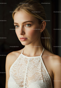 Elegant Young Woman in White Lace Dress with Blue Eyes