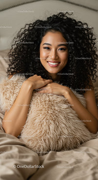 Smiling woman with curly hair hugging soft beige pillow