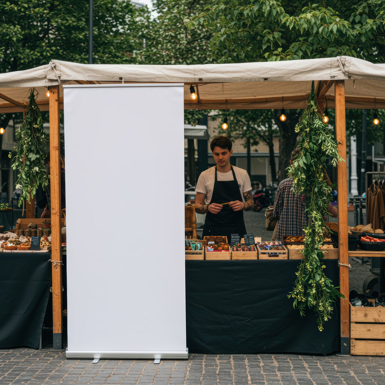 Young man selling pastries at outdoor market stall