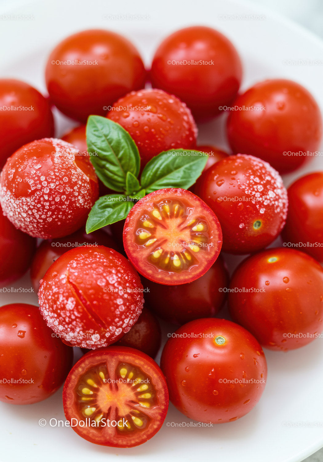 Fresh Cherry Tomatoes with Basil Leaves on White Plate