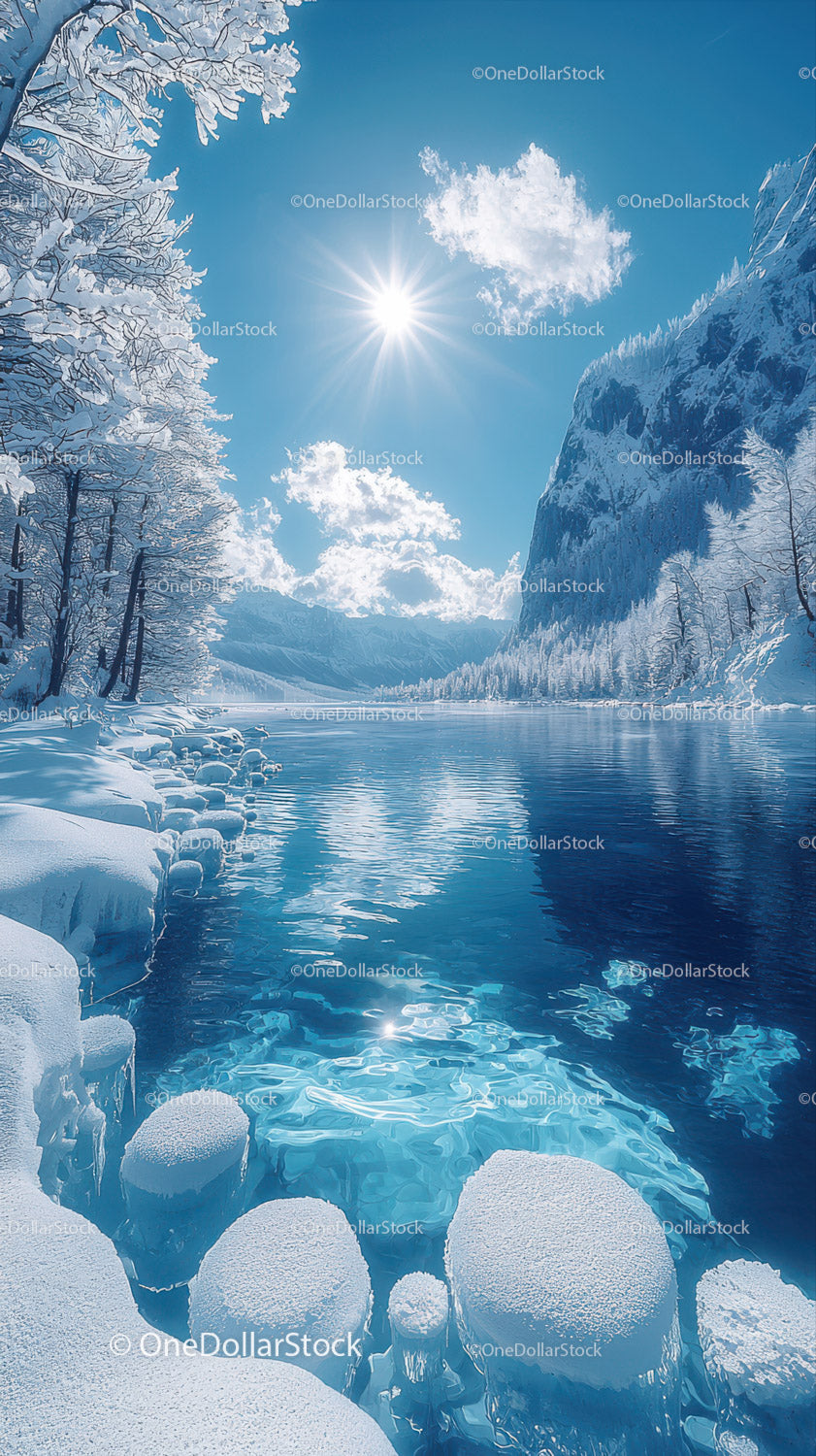 Majestic Snowy Mountains and Glacial Fjord under Bright Sun