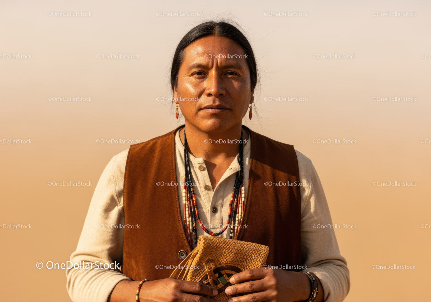Native Woman Wearing Traditional Jewelry in Desert Landscape