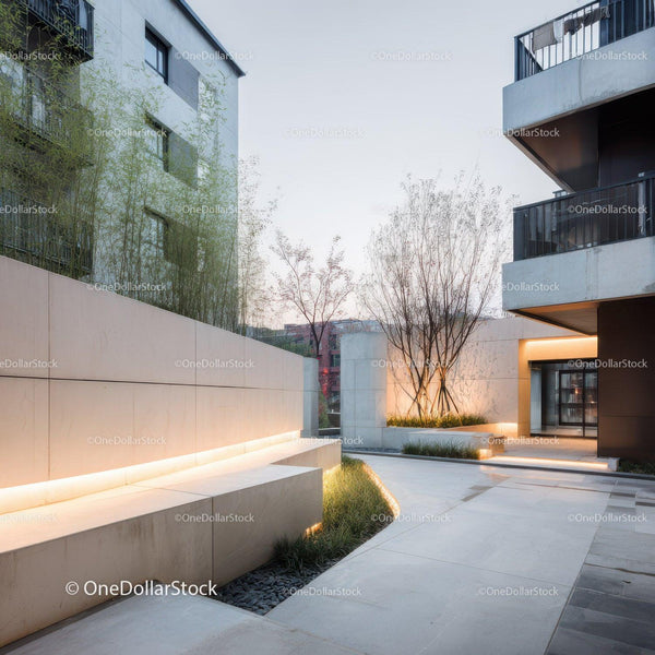 Modern minimalist apartment complex with elegant outdoor lighting