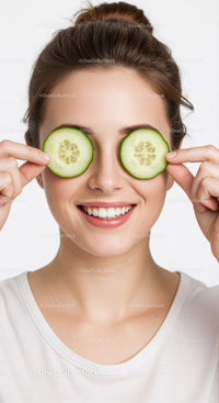 Joyful Woman with Cucumber Slices Over Eyes for Relaxation and Skincare