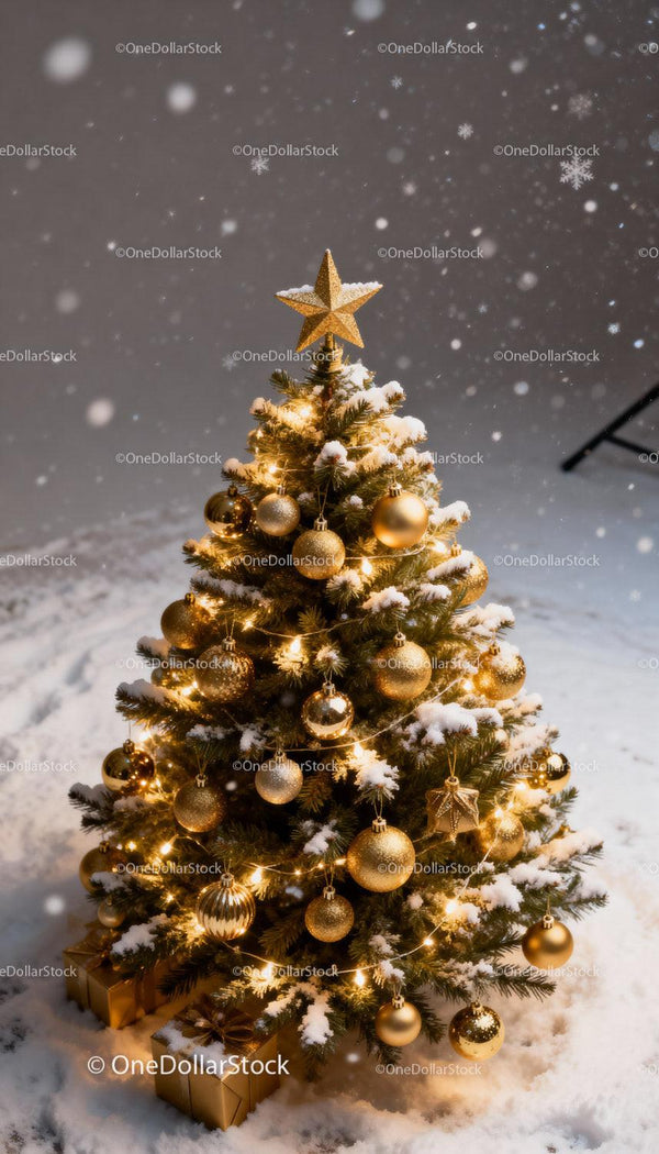 Snowy Christmas tree with gold decorations and lights