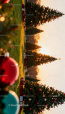 Decorated Christmas Trees Glowing in Sunset Light