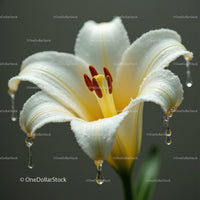 Close-up of a White Lily Flower with Dew Drops and Vibrant Stamen