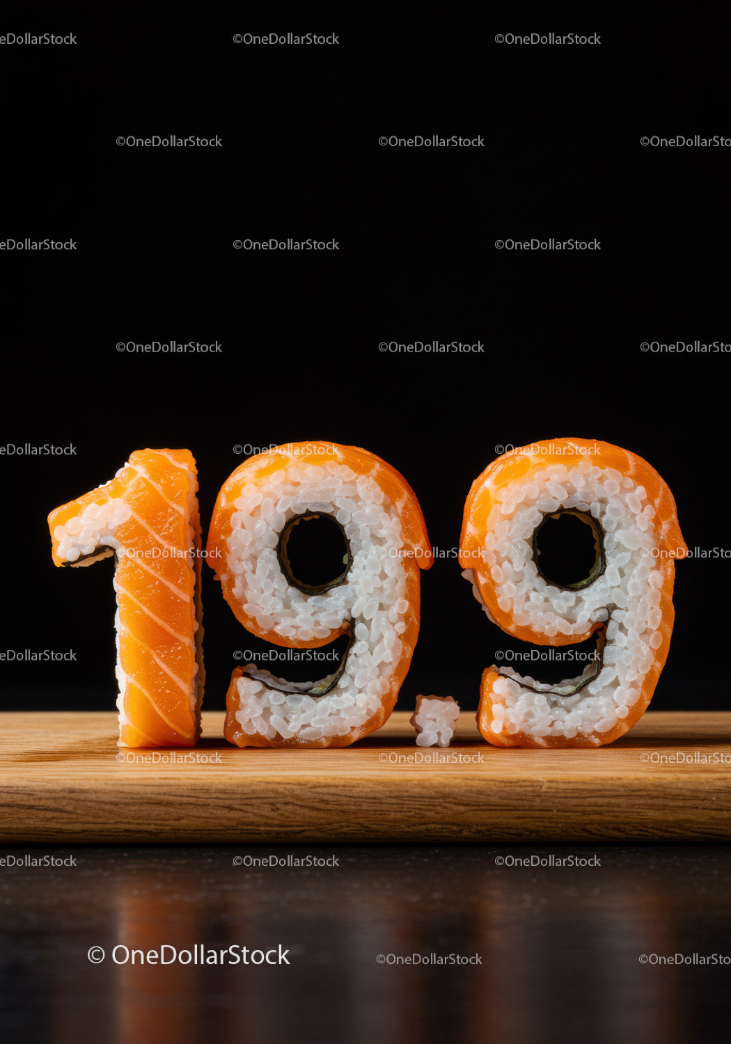 Creative sushi shaped as the number nineteen on board