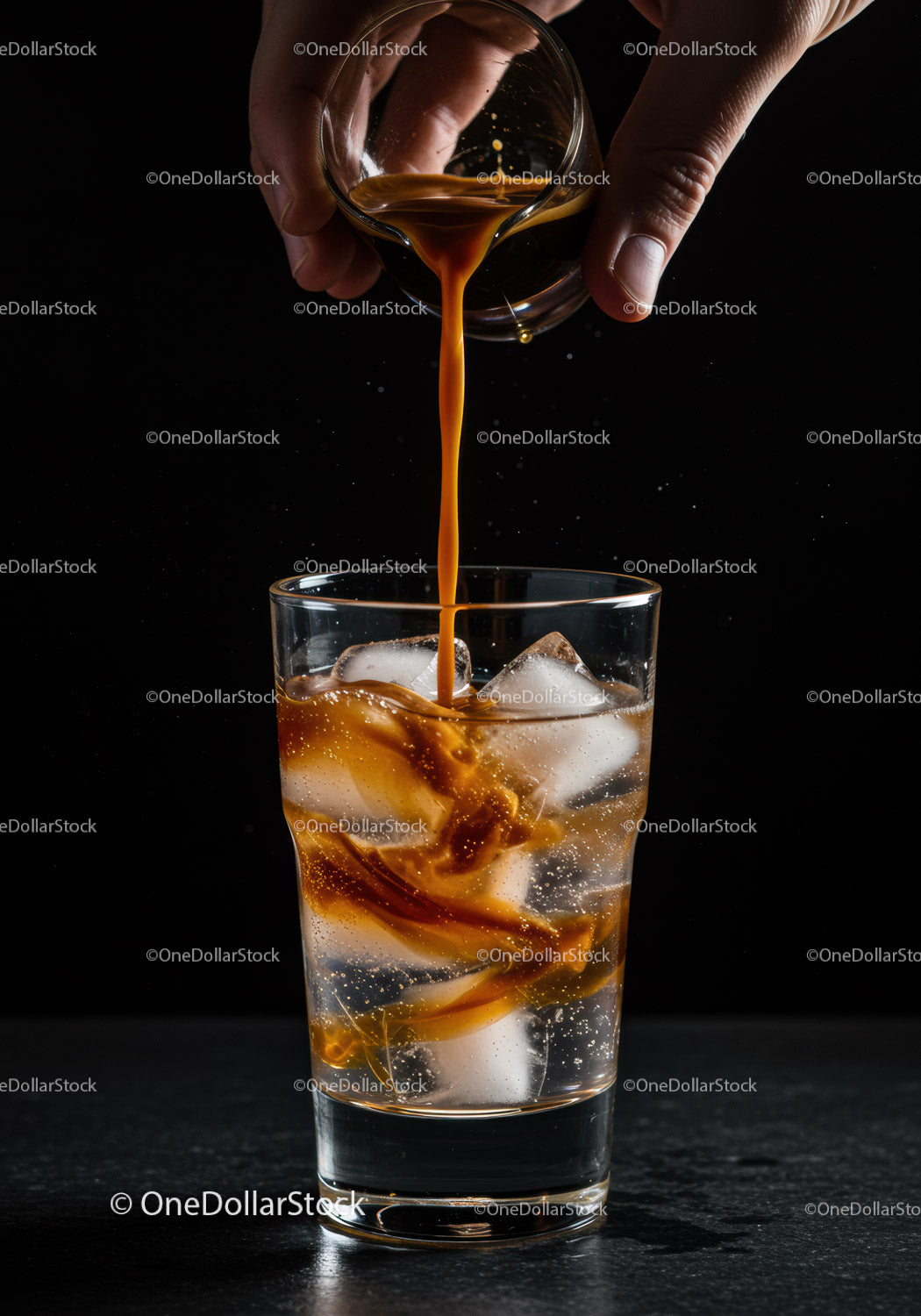 Cold Sparkling Drink with Coffee Pouring on Ice