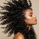 Profile of woman with voluminous curly hair and makeup