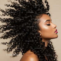 Profile of woman with voluminous curly hair and makeup