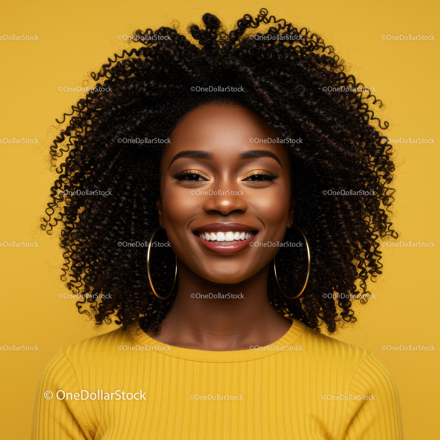 Elegant Woman with Curly Hair and Bright Smile in Yellow Studio Background