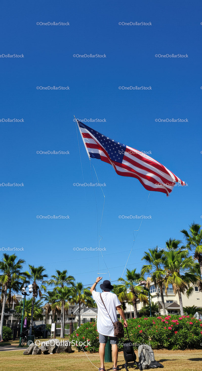 Child Flying American Flag Kite in a Sunny Park Scene