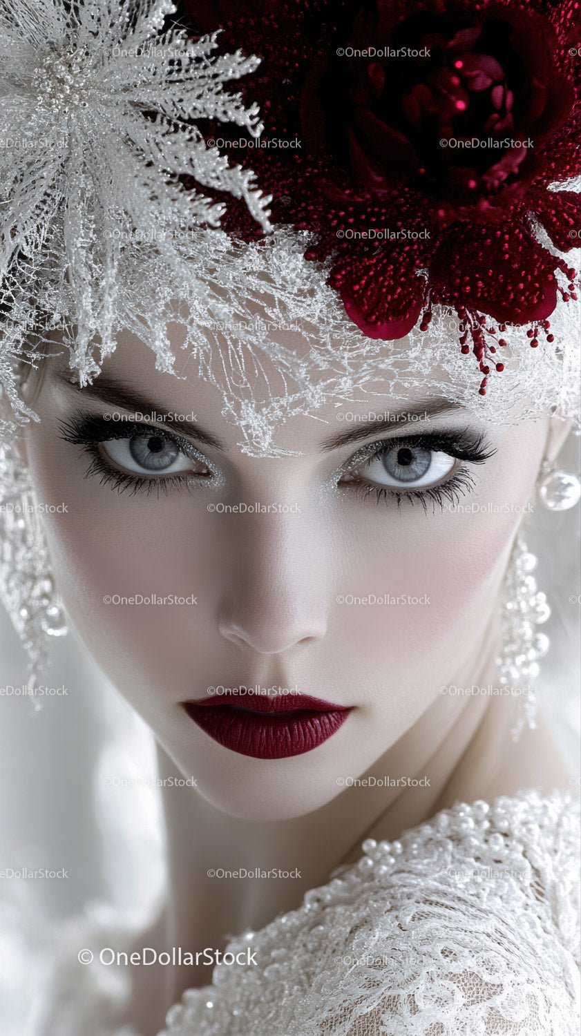 Glamorous Woman with Blue Eyes in White Lace and Red Floral Headpiece