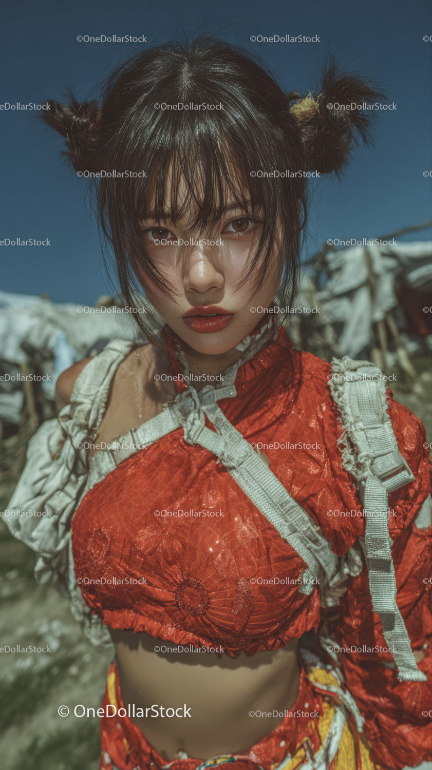 Young Woman in Red Jacket and Backpack Outdoors on Sunny Day