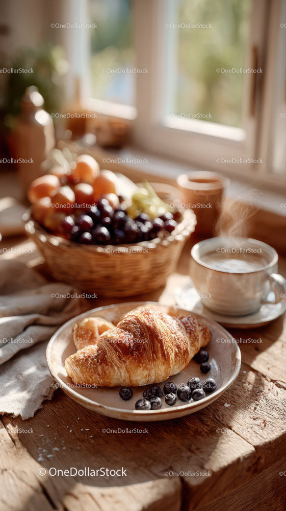 Fresh Croissant with Berries and Coffee in Cozy Morning Setting