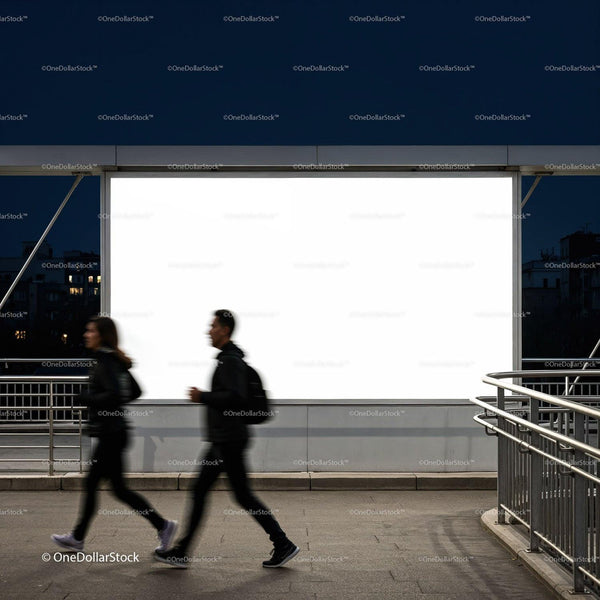 People walking past large illuminated billboard at night JPG Mockup Image