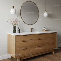 Contemporary Bathroom Vanity with Round Mirror and Pendant Lights