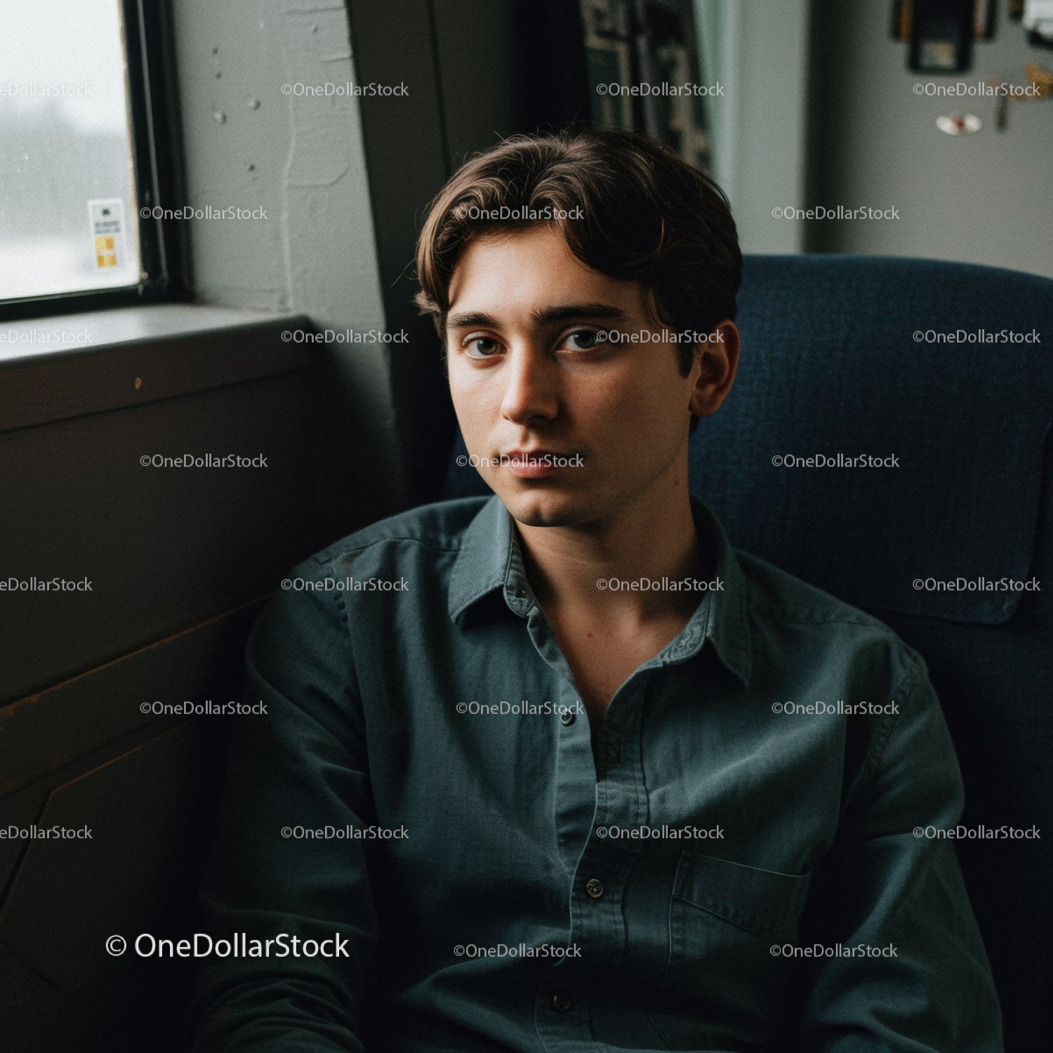 Young Man in Casual Blue Shirt Sitting Indoors with Thoughtful Expression