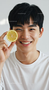 Young Man Smiling with Lemon Slice Indoor Portrait