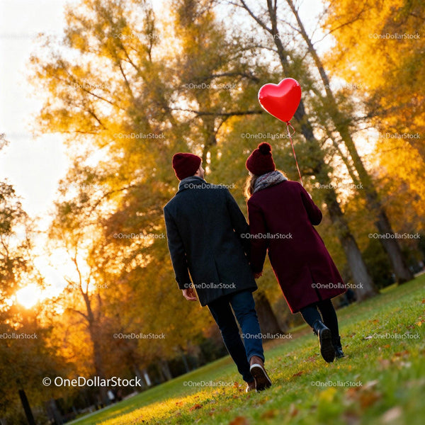 Couple Walking Hand in Hand with Heart Balloon