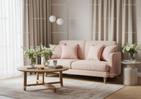 Cozy pastel pink sofa in minimalistic living room interior