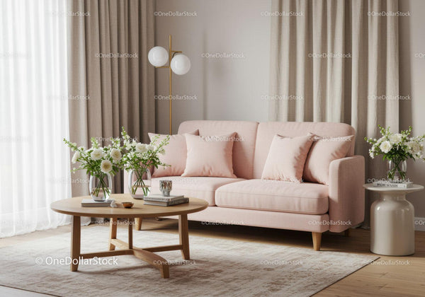 Cozy pastel pink sofa in minimalistic living room interior