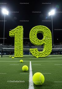 Tennis court with large number nineteen made of balls