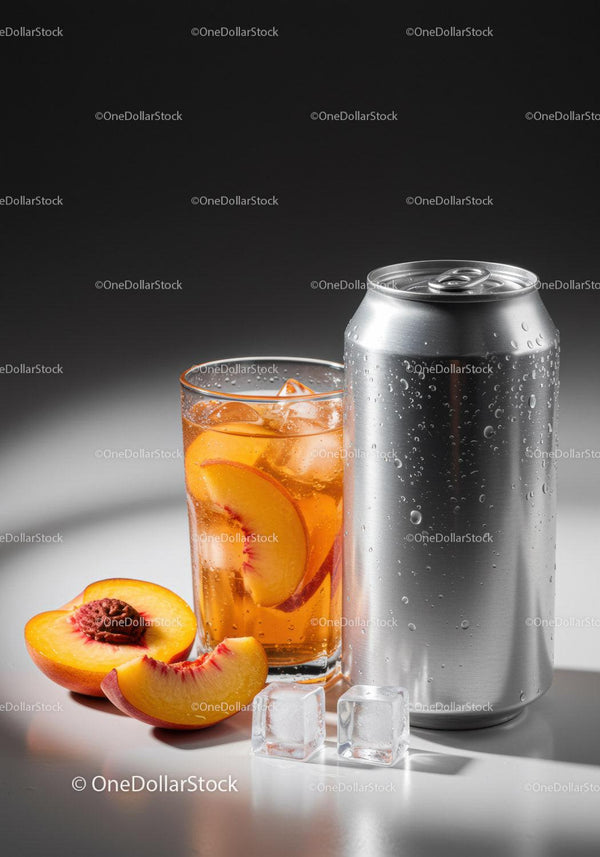 Refreshing peach iced drink with aluminum can and ice