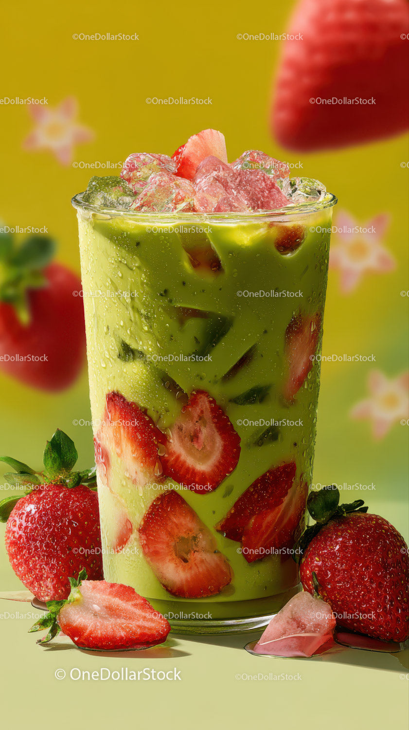Fresh Strawberry and Green Iced Fruit Drink in a Tall Glass