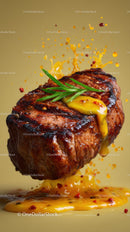 Juicy Steak with Yellow Sauce and Fresh Herbs Explosion