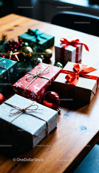 Christmas Gift Boxes and Festive Decorations on Wooden Table