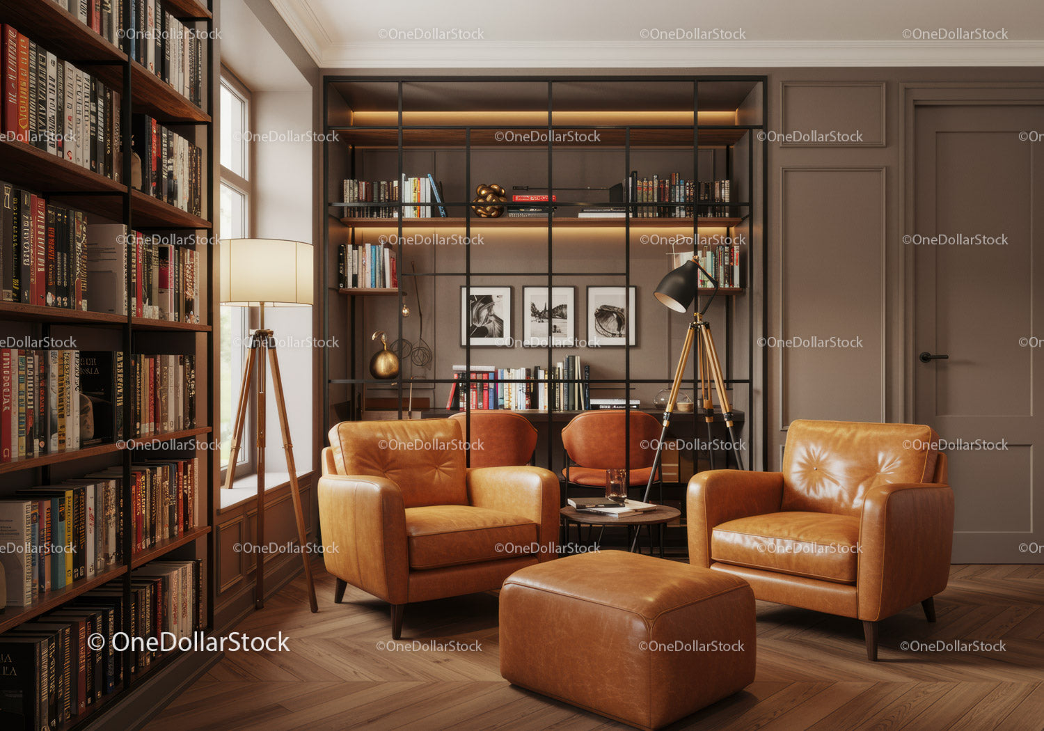 Przytulne skórzane fotele w eleganckim, nowoczesnym salonie bibliotecznym