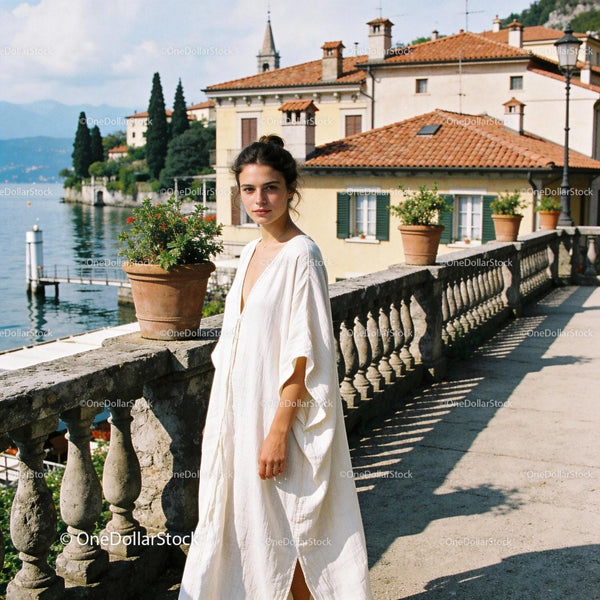 Young woman in flowing dress by scenic waterfront villa