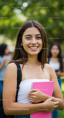 Happy Young Woman Enjoying Nature Holding Pink Notebook in Park