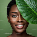 Joyful Woman with Bright Smile and Green Leaf Close-up