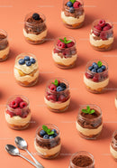 Assorted layered berry and cream desserts in jars