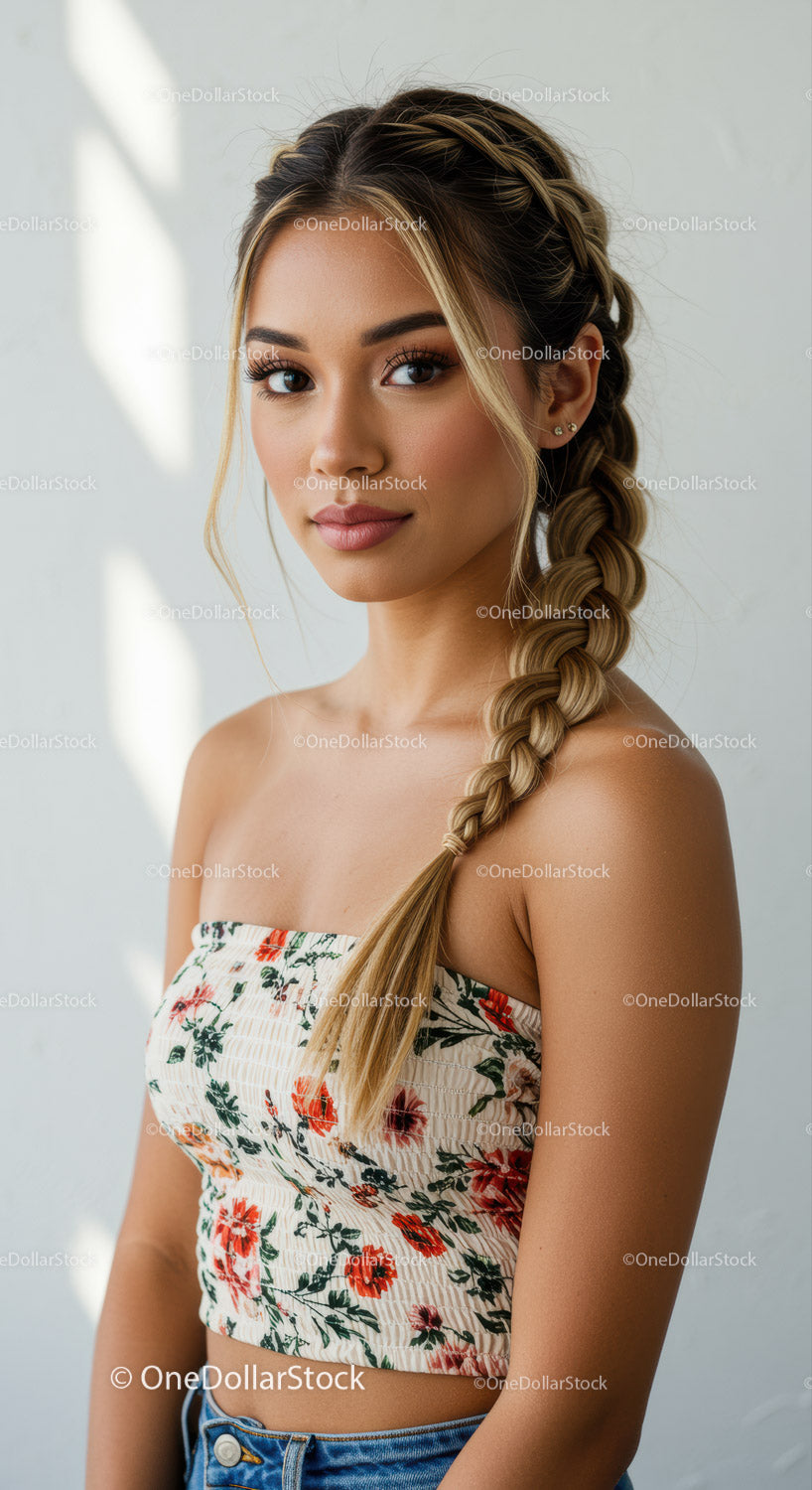 Beautiful Young Woman with Braided Hairstyle Wearing Floral Crop Top
