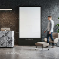 Modern office lobby with marble reception and seating area