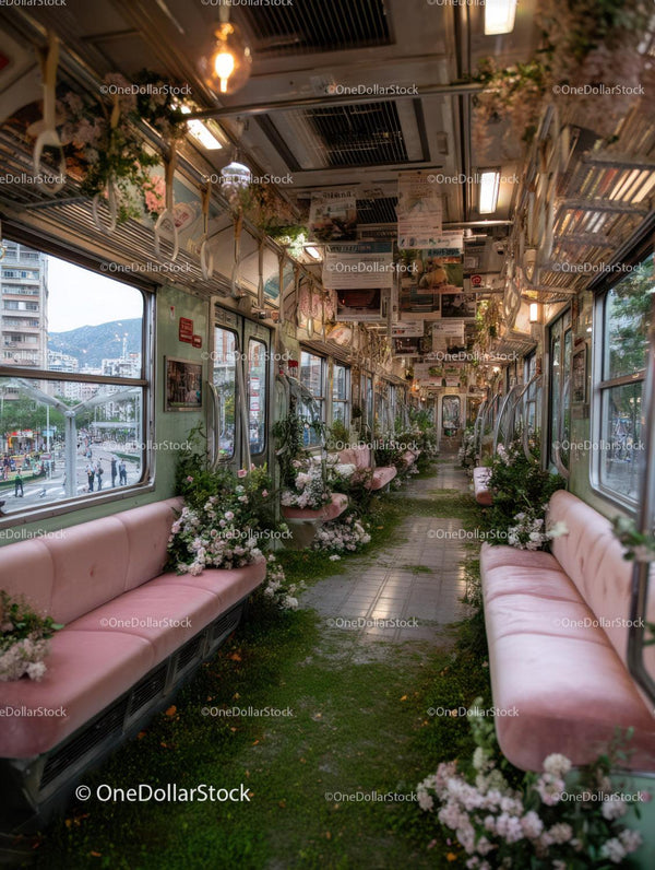 Vintage Tram Interior with Pink Seats and Greenery Foliage